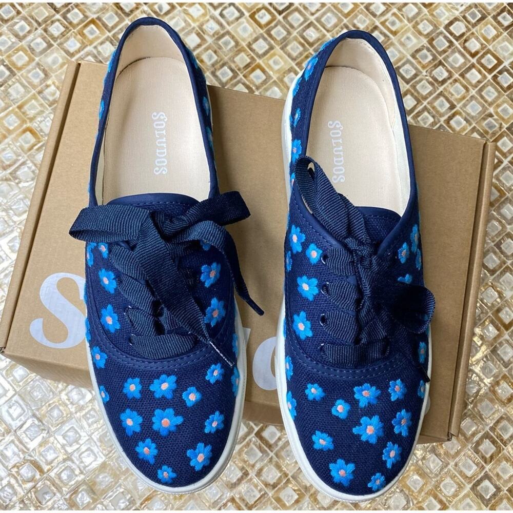 Soludos Low Top Sneakers Floral Embroidery Organic Cotton Navy Blue 7M New - Picture 6 of 15